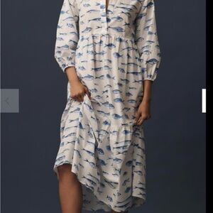 Anthropologie Blue Fish Print Long Sleeve Dress